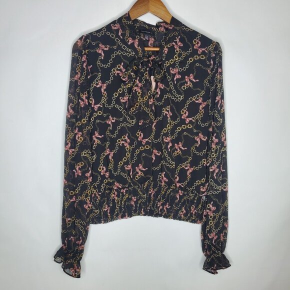 Tamara H. Tops - Tamara H. Womens Black Gold Status Chain Pink Bow Blouse Size XL Tie Neck Whimsy